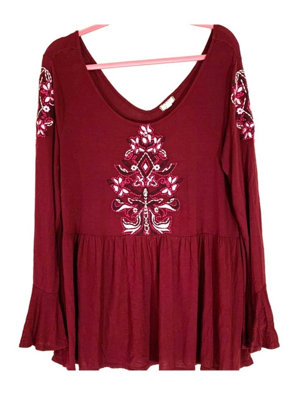 2X Womens Eyeshadow Embroidered V-Neck Long Sleeve Top - Burgundy BOHO